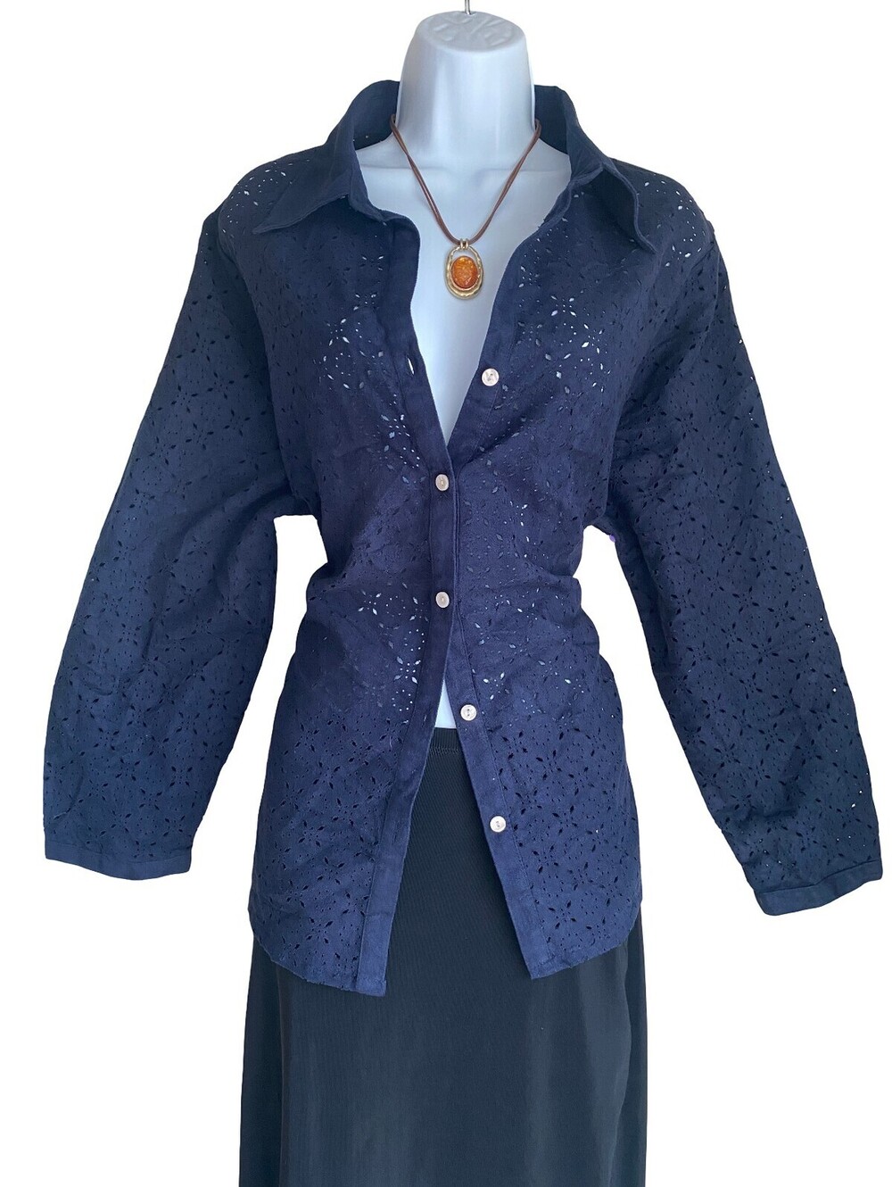 VTG Avenue Women 18/20 Navy Eyelet Button Up Blouse Cottagecore
